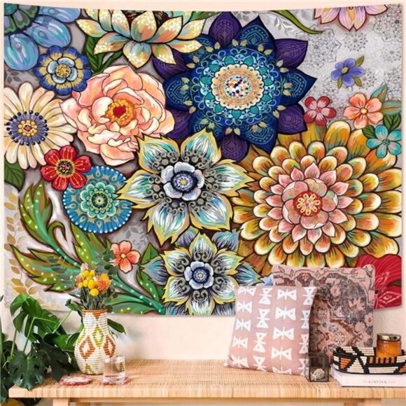 Colorful Floral Tapestry Wall hanging, Bright Boho Fabric Blossom Tapestries - Picture 2 of 8